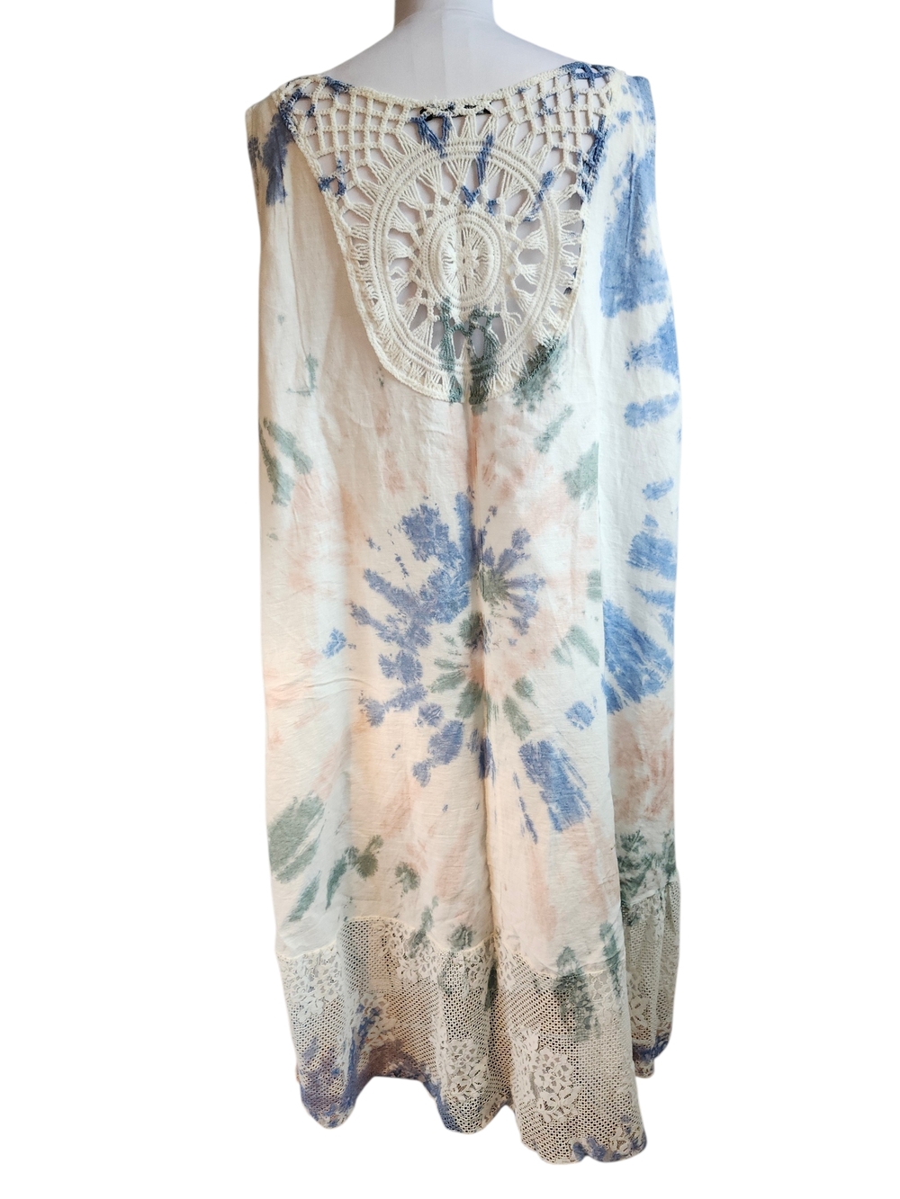 Shyloh Italy Tie-Dye Linen And Lace, Crochet Back Sundress in Soft Multi Shades